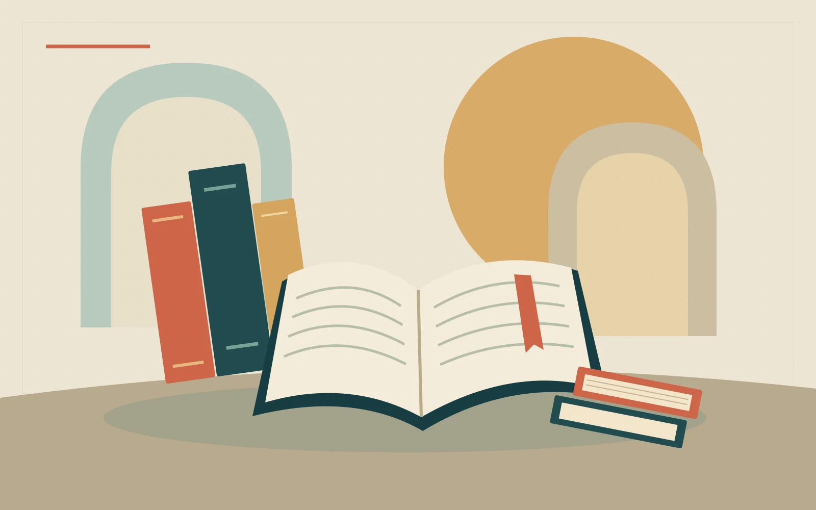 رسم توضيحي لكتاب مفتوح ورفوف كتب وأقواس معمارية، وليس صورة للجناح العُماني في المعرض.