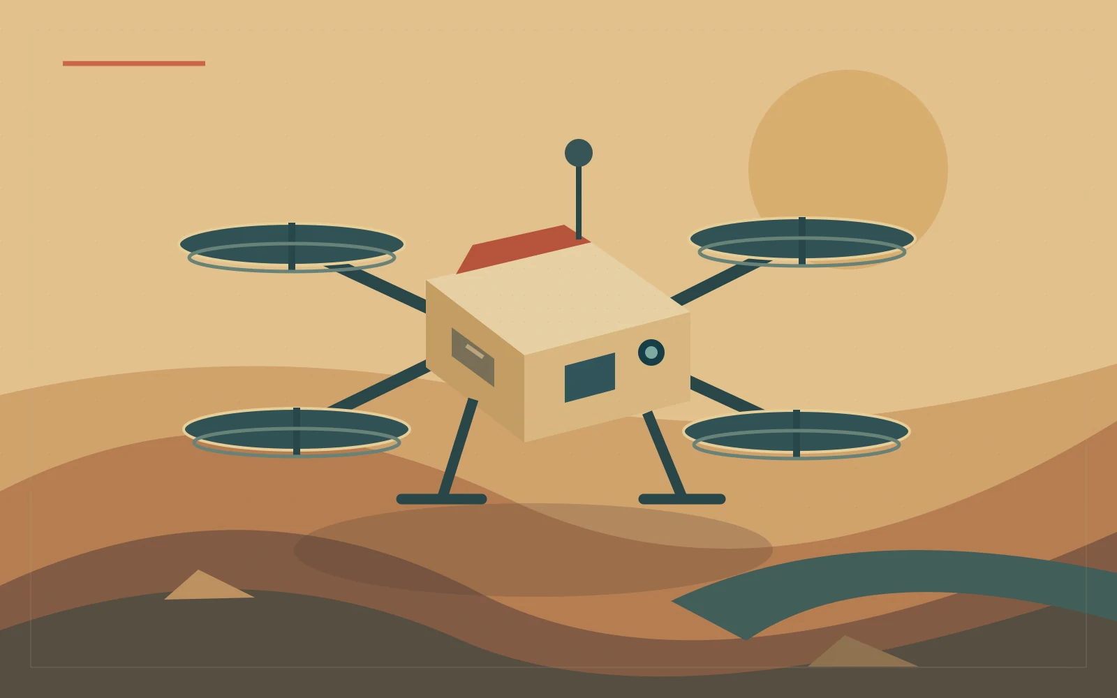 تصوّر رسومي لمركبة علمية ذات مراوح فوق تضاريس تيتان؛ ليس صورة للمهمة أو مخططًا هندسيًا لها.